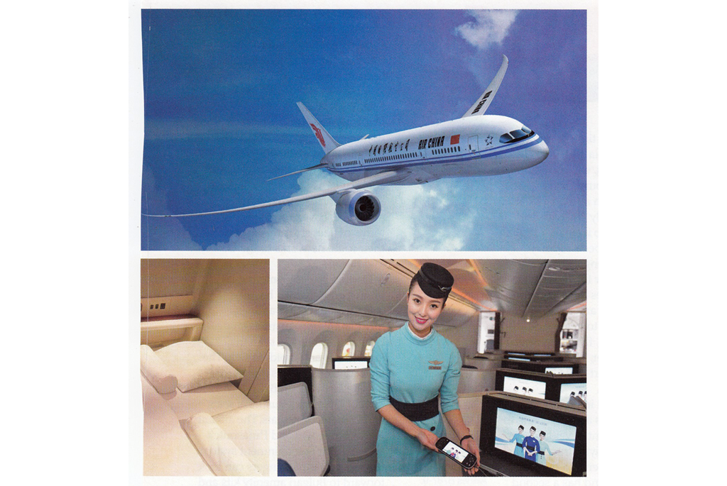 Plane flying and inside of cabin with flight attendant