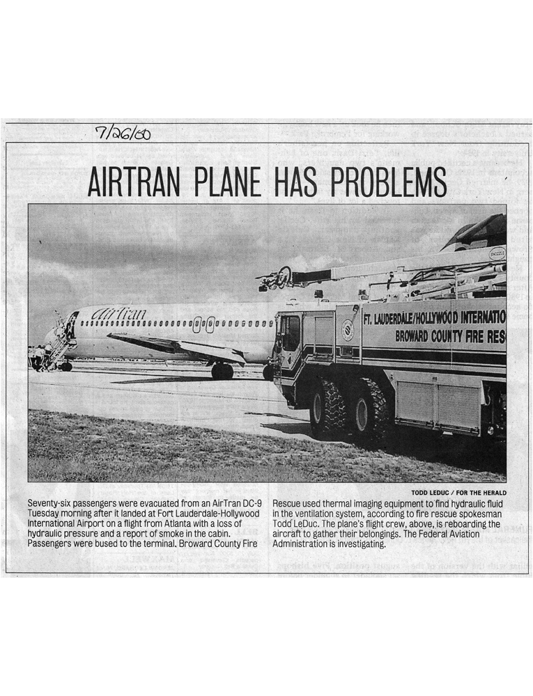 Newspaper Clipping - Airtran Plane has Problems in Fort Lauderdale