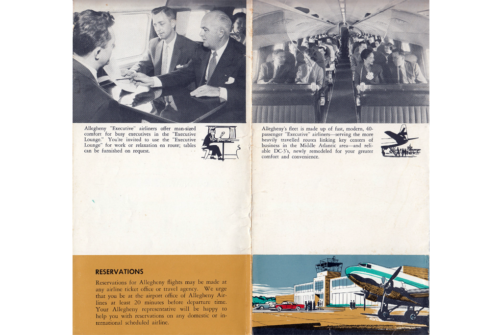 Inside folder - picture of businessmen and table and people sitting inside DC-3