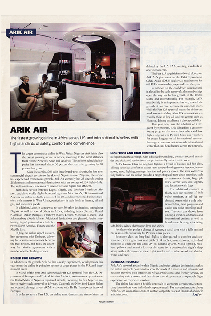 AD Arik Air, Fastest growing airline in Africa, Poised for growth, High Tech and High Comfort, Business focused