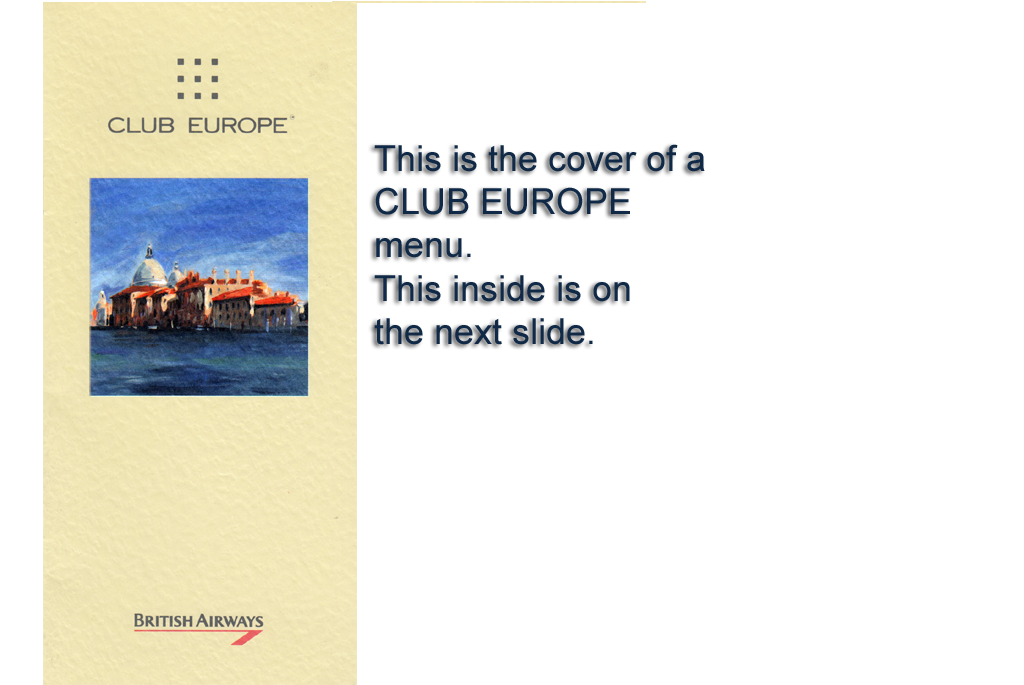 Cover of Club Europe menu.