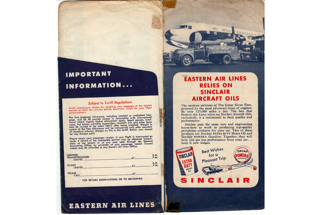 Inside ticket vintage cover with ad for Sinclar oil and flight information