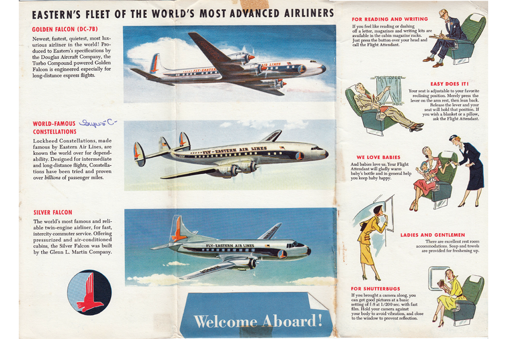 Inside flight pack brochure showing fleet and flight amenties 