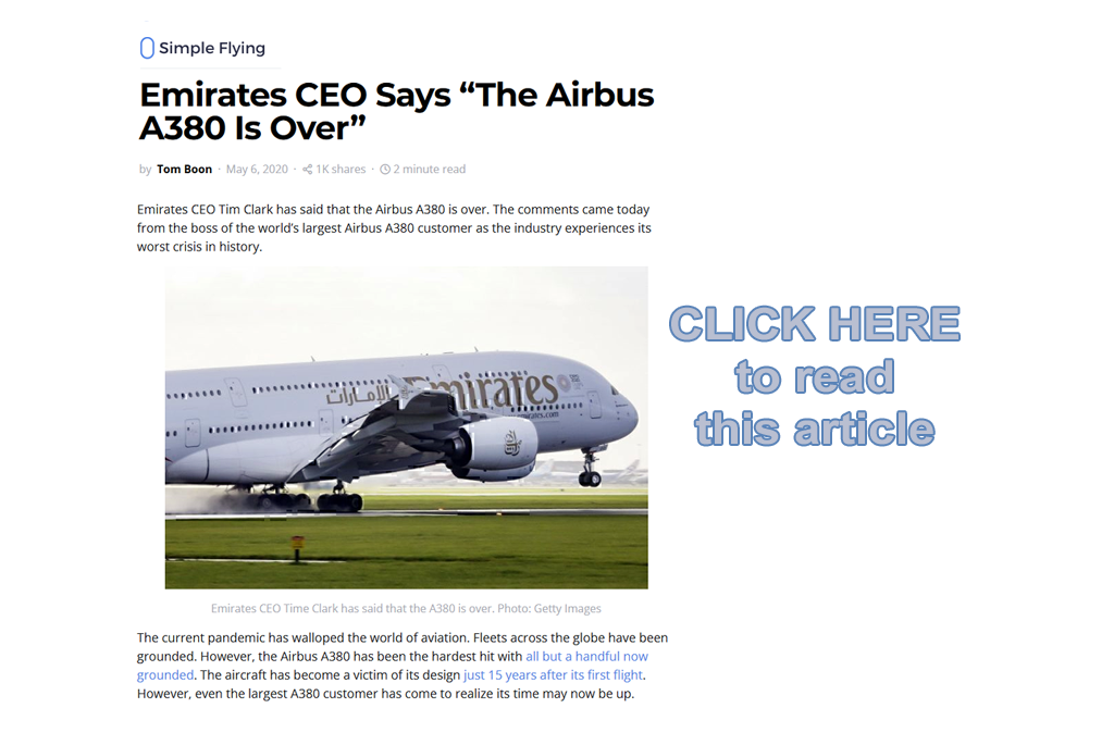 Click here for article - Emirates CEO says the A380 is over