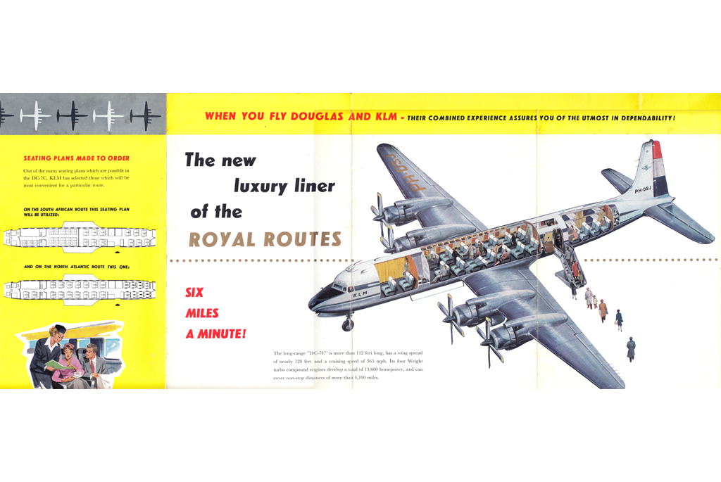 Cutout of DC-7C, the new luxury liner of the royal routes - six miles a minute.