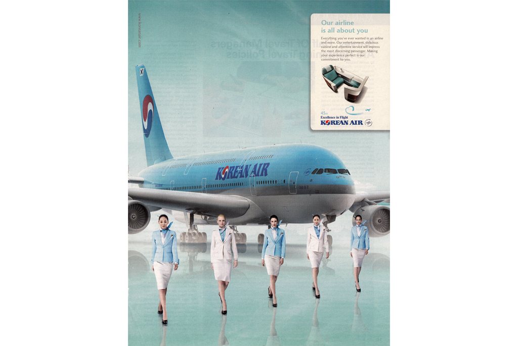 Our airline is all about you - picture of A380 and flight attendants.