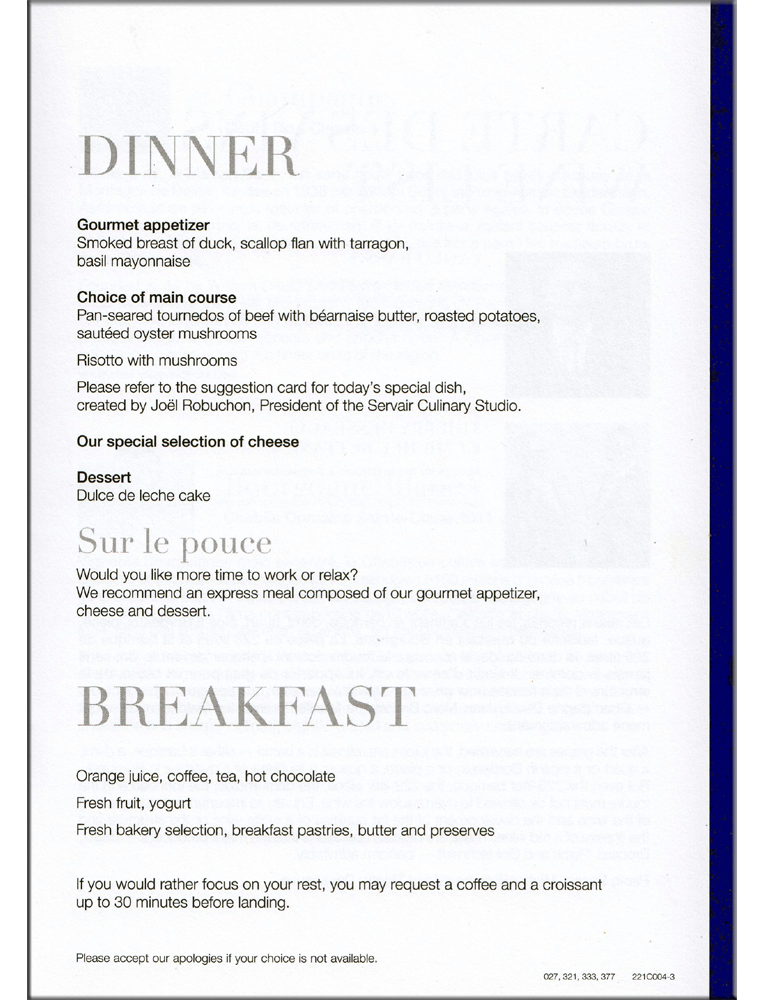 Dinner and Breakfast Menu