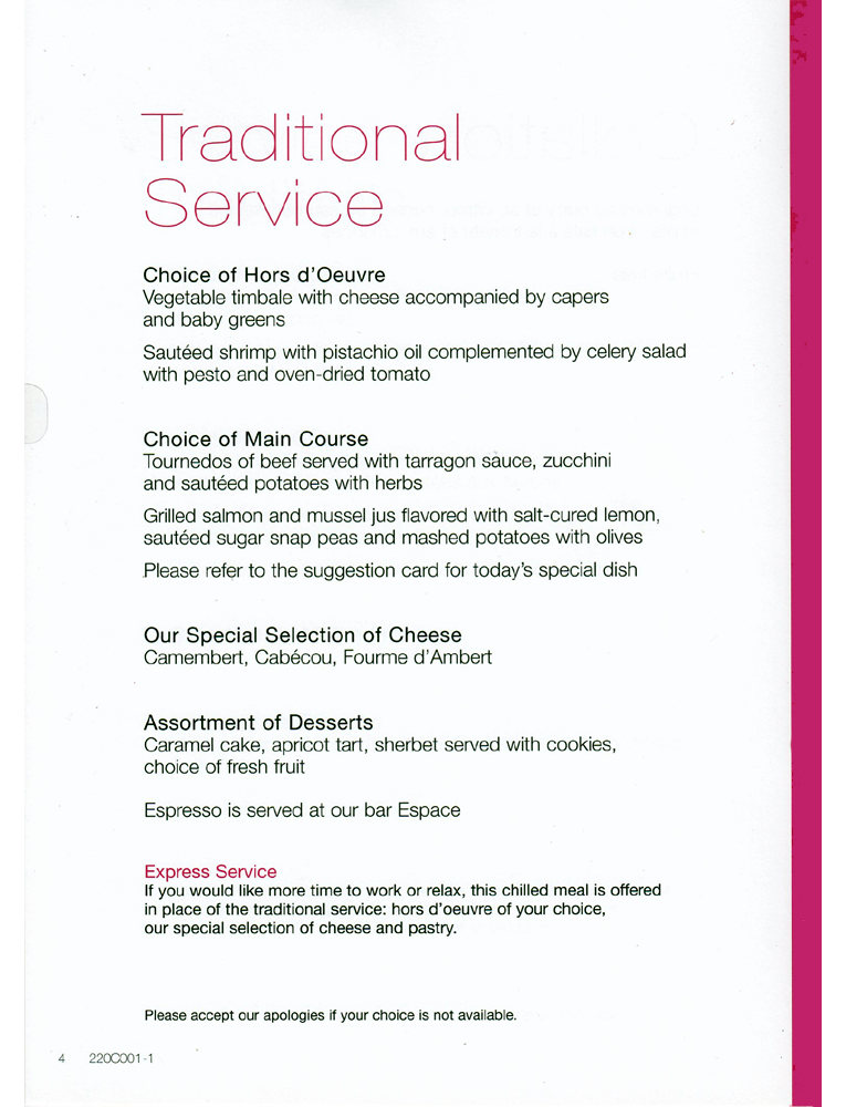 Traditional meal service menu