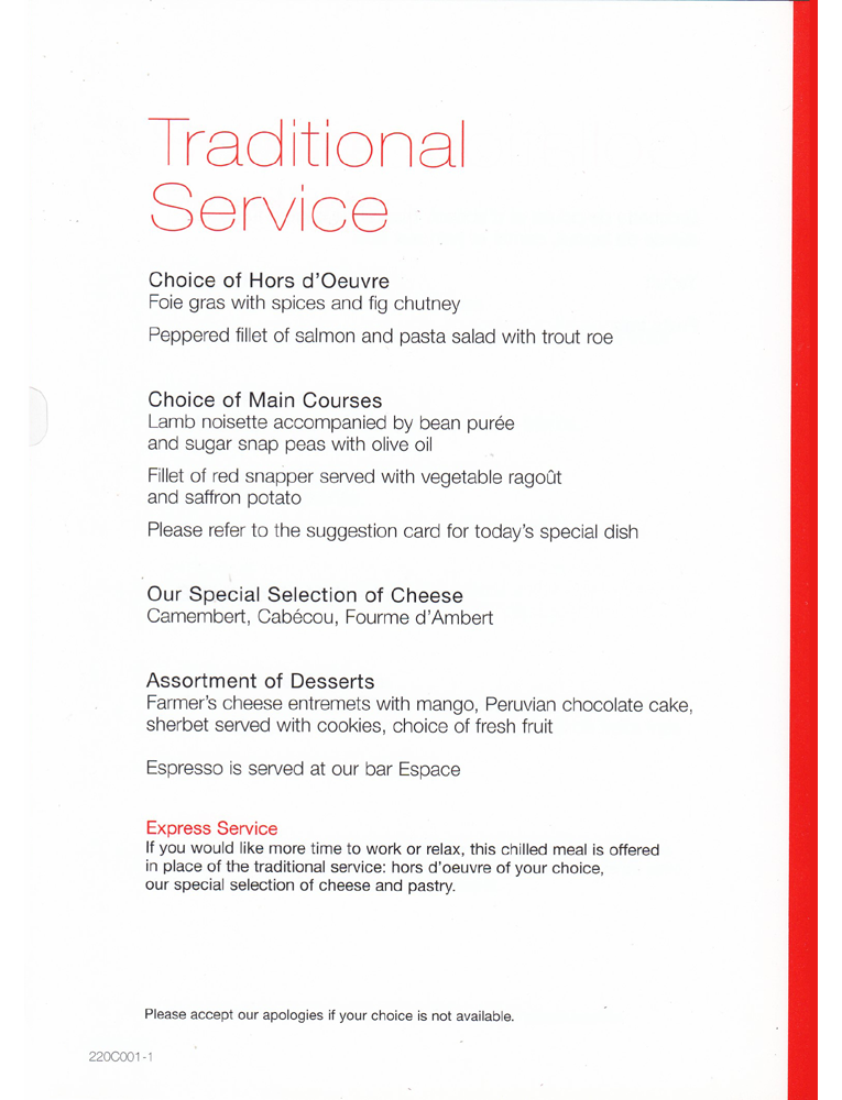 Traditional service menu