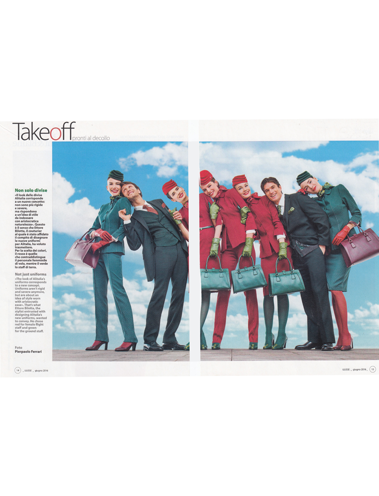 Picture of female and male flight attendants in colorful uniforms