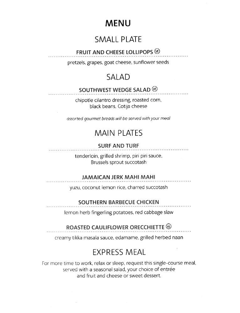 Business Class Menu