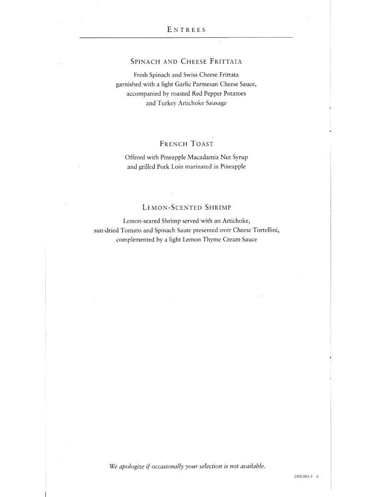 Business Class Menu