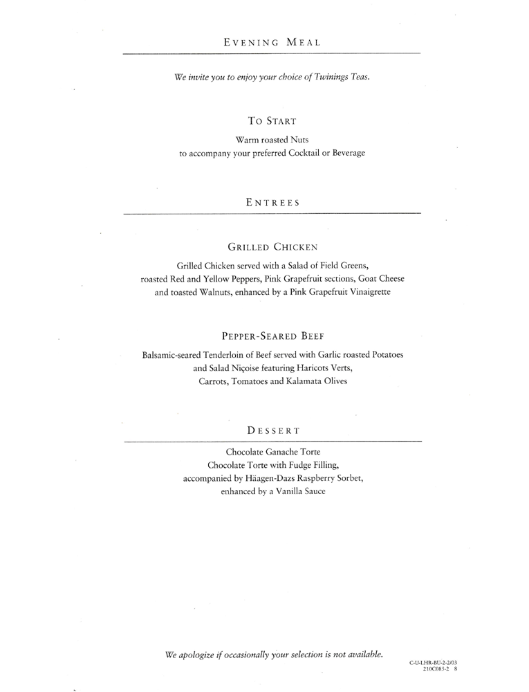 Business Class Menu