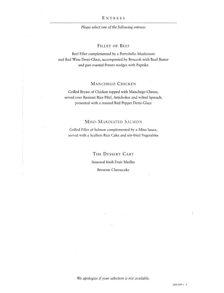 Business Class Menu