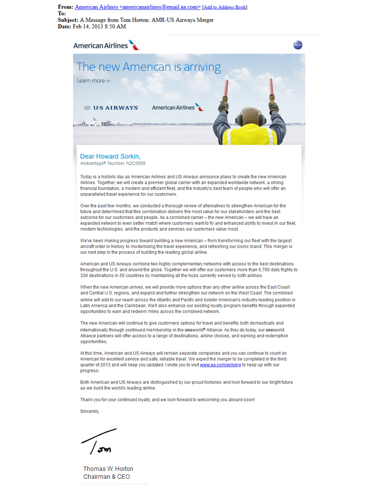 Letter from Thomas Horton - Chairman and CEO of American Airlines - The New American is Arriving