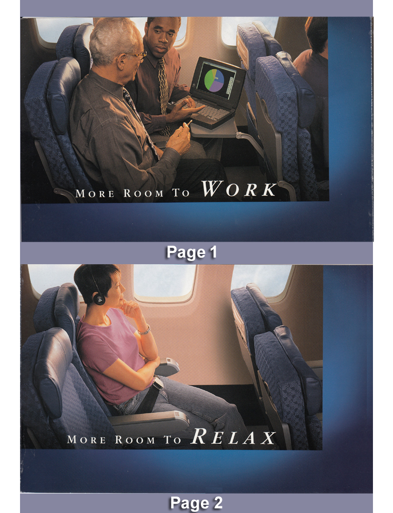 Fold Out Booklet Pages 1 and 2 showing people in spacious coach seats