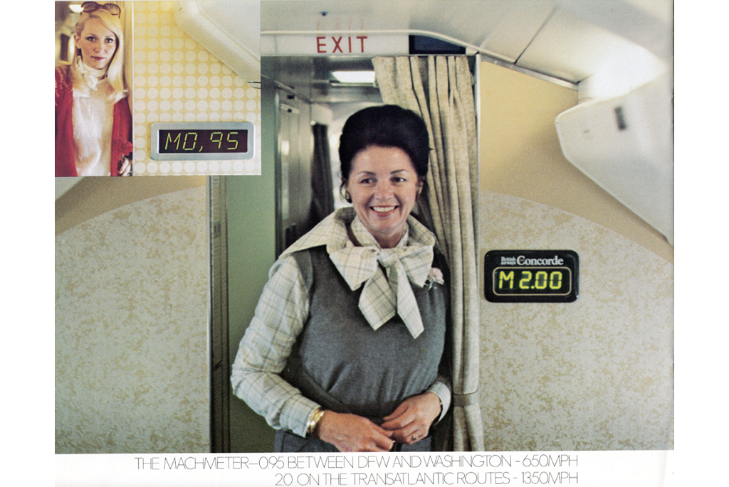 Flight attendant standing in aisle