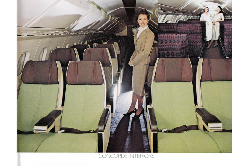 Flight attendant standing in aisle