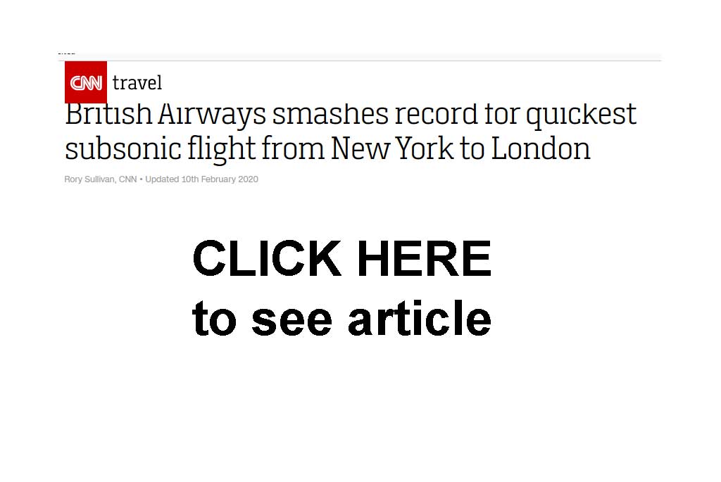 Click herre for article of British Airways smashing record for quickest subsonic flight from New York to London