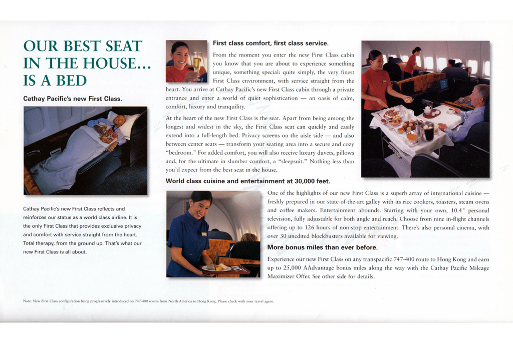 first class amenities, dining, bed etc.