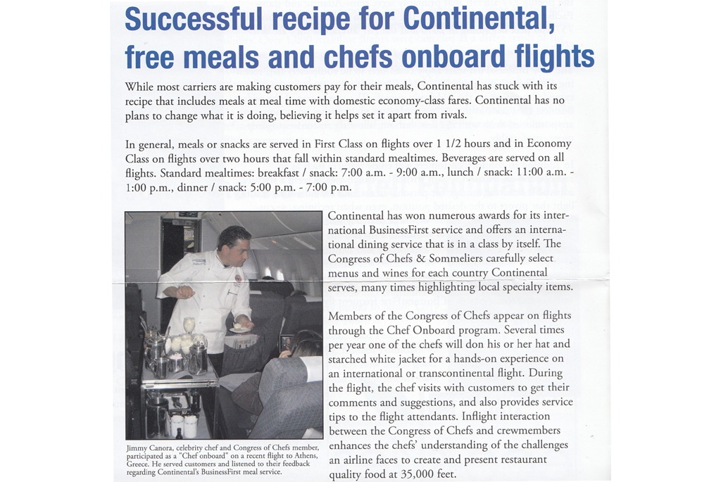 A Successful recipe for Continental, free meals and chefs aboard flights