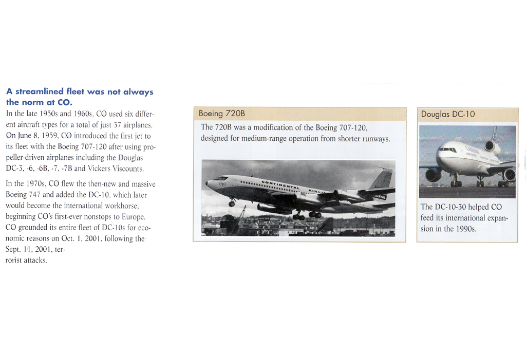 Boeing 720B and Douglas DC-10 with text - a streamlines fleet was not always the case at Continental 