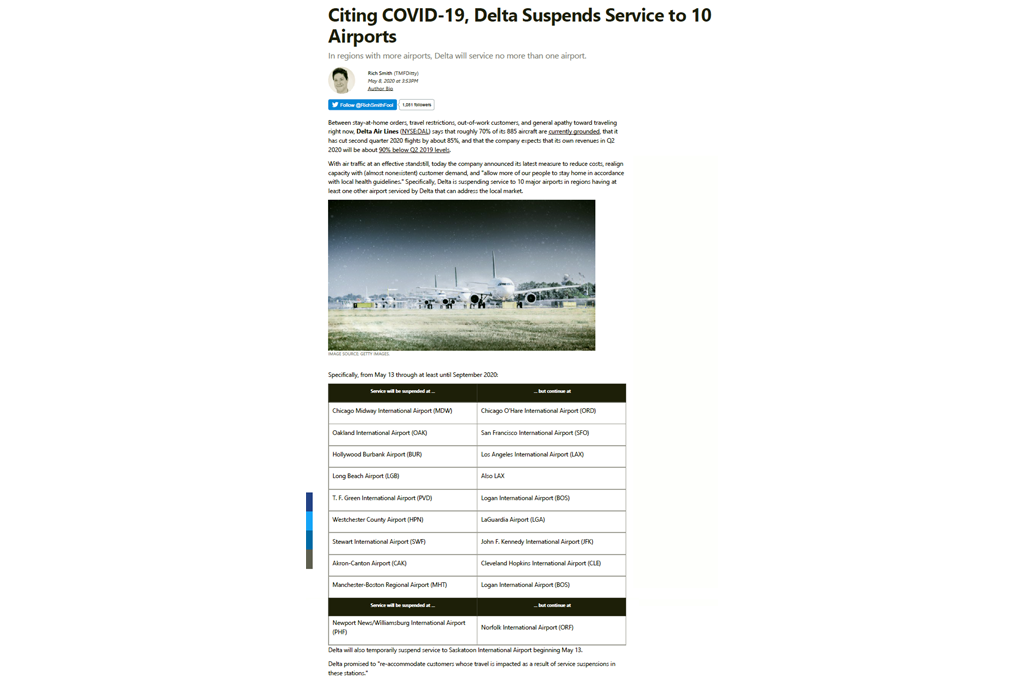 Citing Covid-19, Delta suspends service to 10 airports