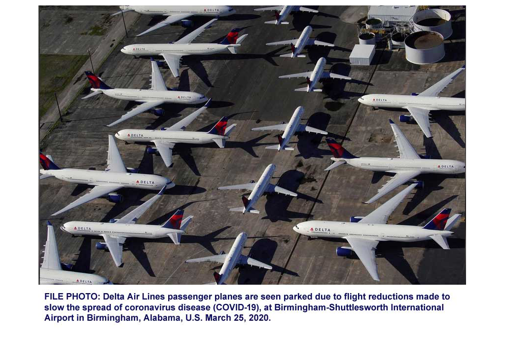 Aerial view of planes in storage at Birminham Alabama airport.