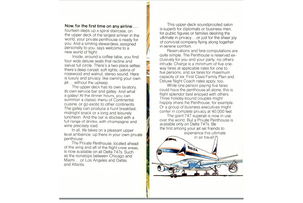 Inside of brochure telling about the 747 penthouse