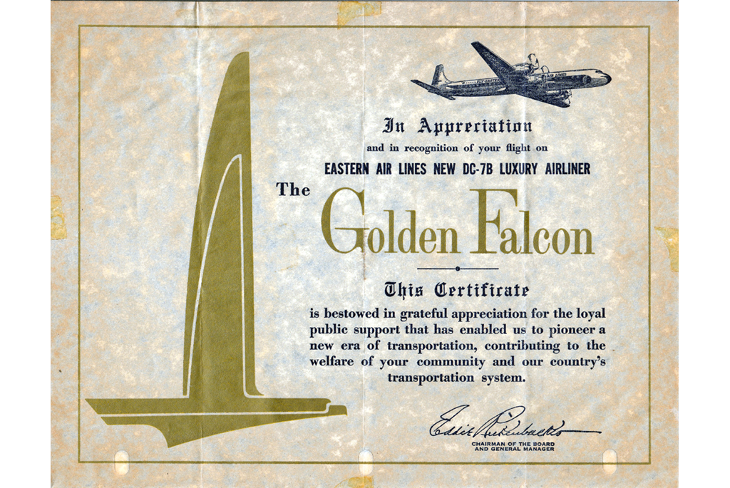 Certificate for flying on the Golden Falcon