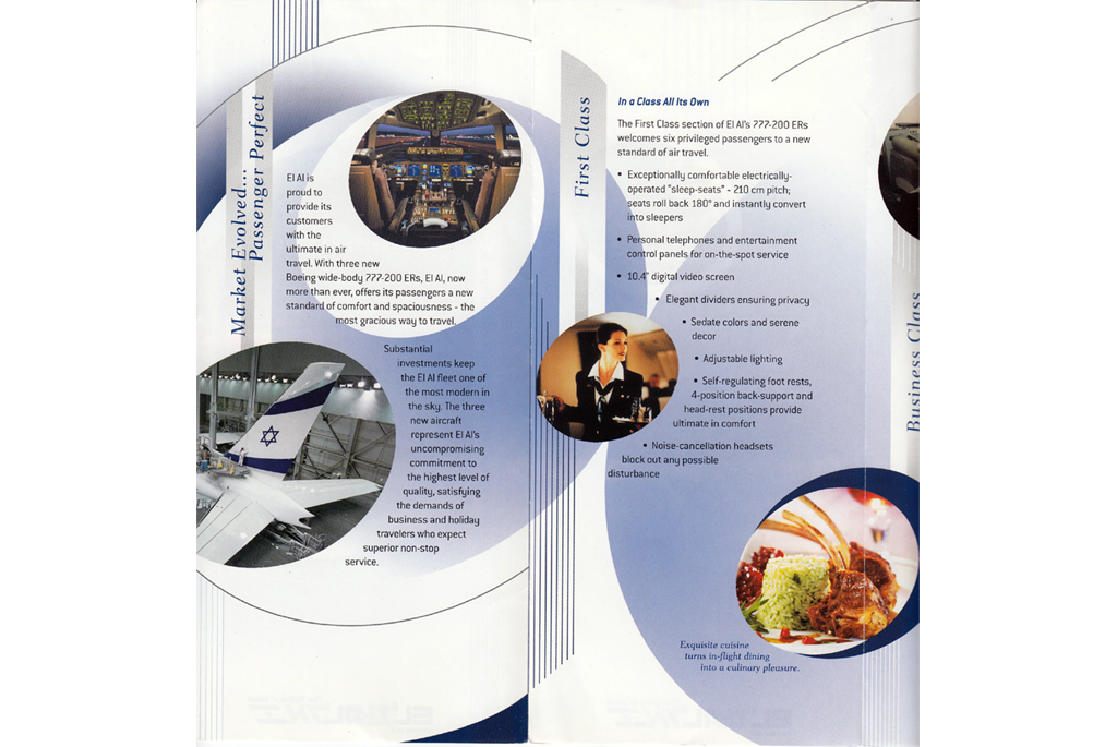 Inside of of Boeing 777-200ER Brochure explaining business class service and seat map