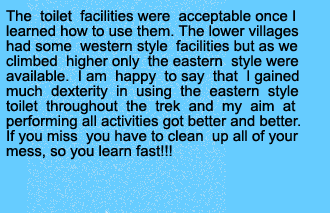 The toilet facilities were acceptable once I learned how to use them. The lower villages had some western style facilities but as we climbed higher only the eastern style were available. I am happy to say that I gained much dexterity in using the eastern style toilet throughout the trek and my aim at performing all activities got better and better. If you miss you have to clean up all of your mess, so you learn fast!!!